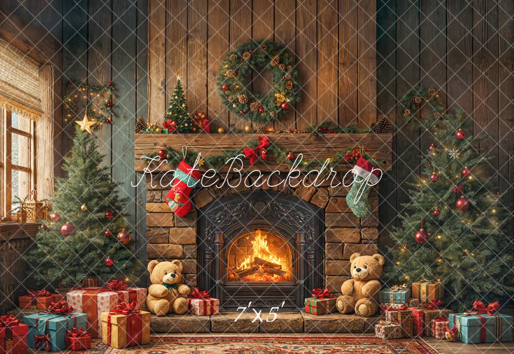 Kate Noël Cheminée Sapins Ours Cadeaux Toile de fond conçue par Emetselch