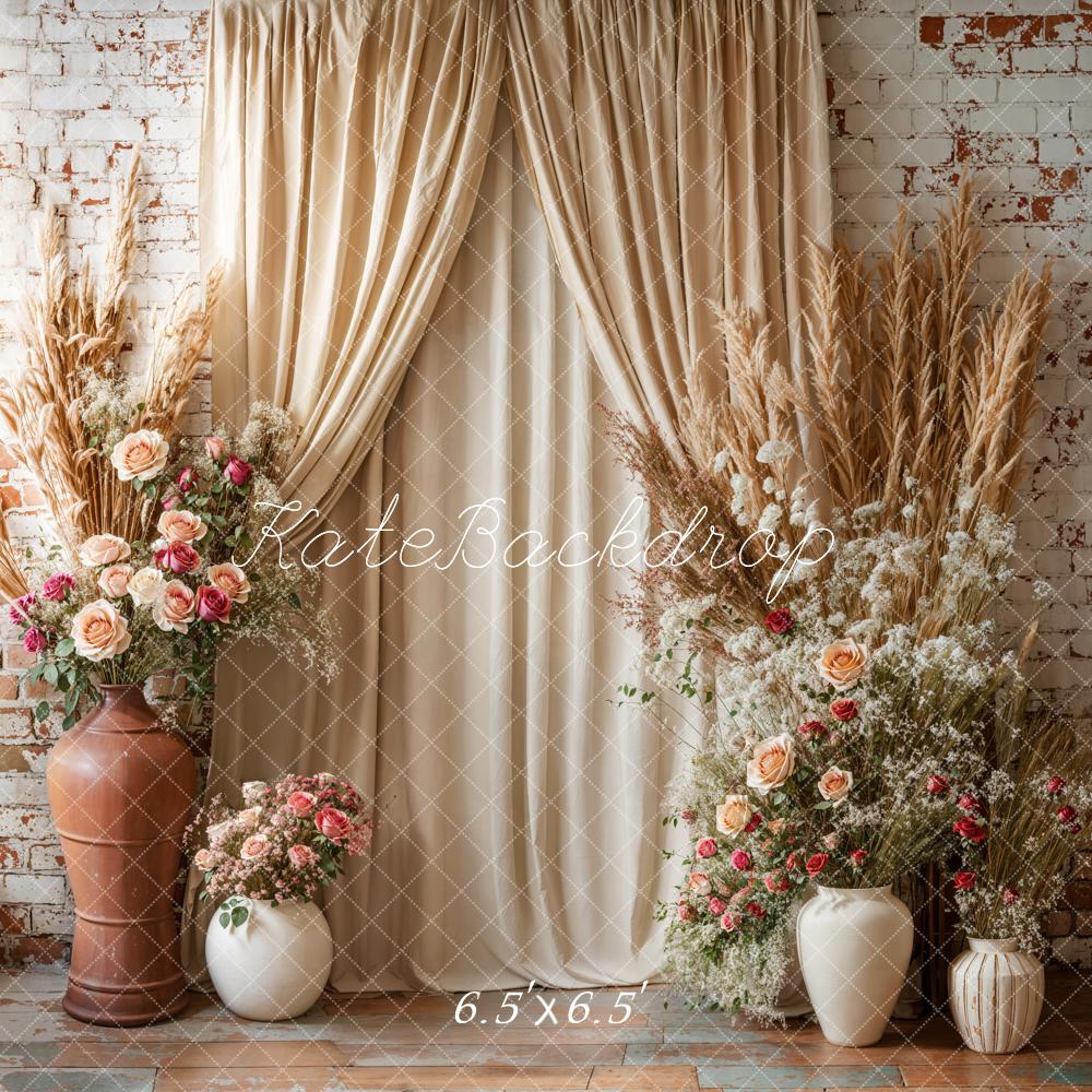 Kate Bohème Beige Rideau Fleurs Brique Toile de fond conçue par Emetselch