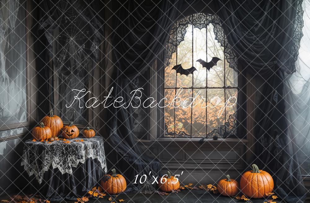 Kate Halloween Citrouilles Fenêtre Gothique Toile de fond en Laine conçue par Emetselch - Kate Backdrop FR