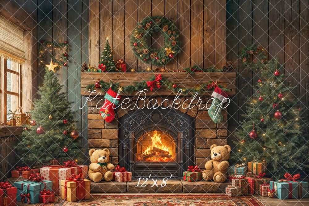 Kate Noël Cheminée Sapins Ours Cadeaux Toile de fond conçue par Emetselch