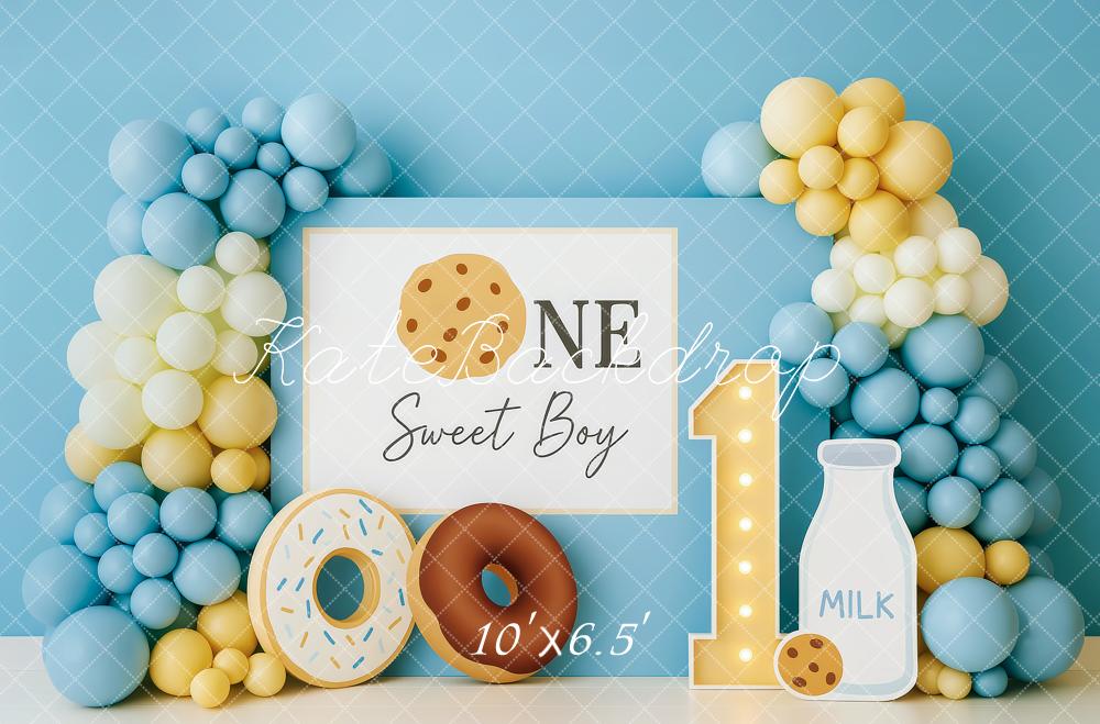Kate Anniversaire Garçon Ballons Donut Lait Toile de fond conçue par Patty Roberts - Kate Backdrop FR