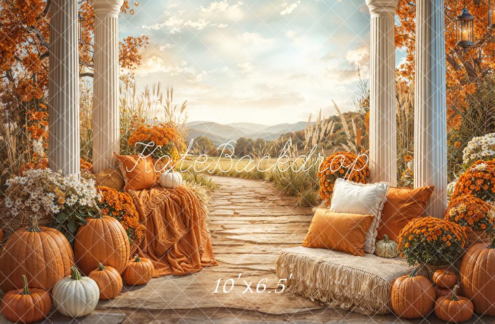 Kate Automne Citrouilles Fleurs Chemin Toile de fond en Laine conçue par Emetselch