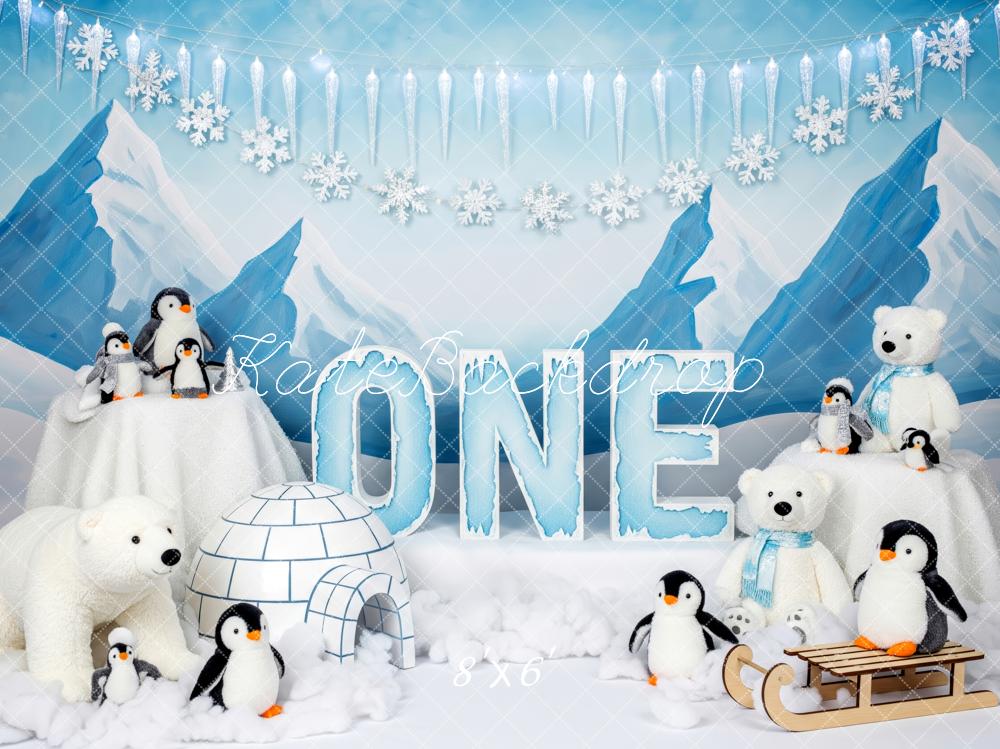 Kate Anniversaire Hiver Pingouins Ours Igloo Toile de fond conçue par Patty Roberts - Kate Backdrop FR