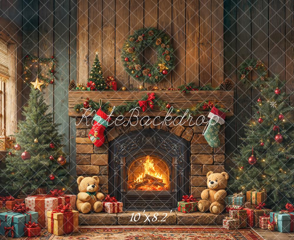 Kate Noël Cheminée Sapins Ours Cadeaux Toile de fond conçue par Emetselch