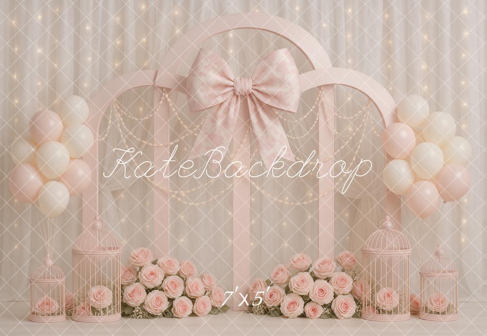 Kate Anniversaire Fleurs Nœud Ballons Rose Toile de fond conçue par Ashley Paul - Kate Backdrop FR