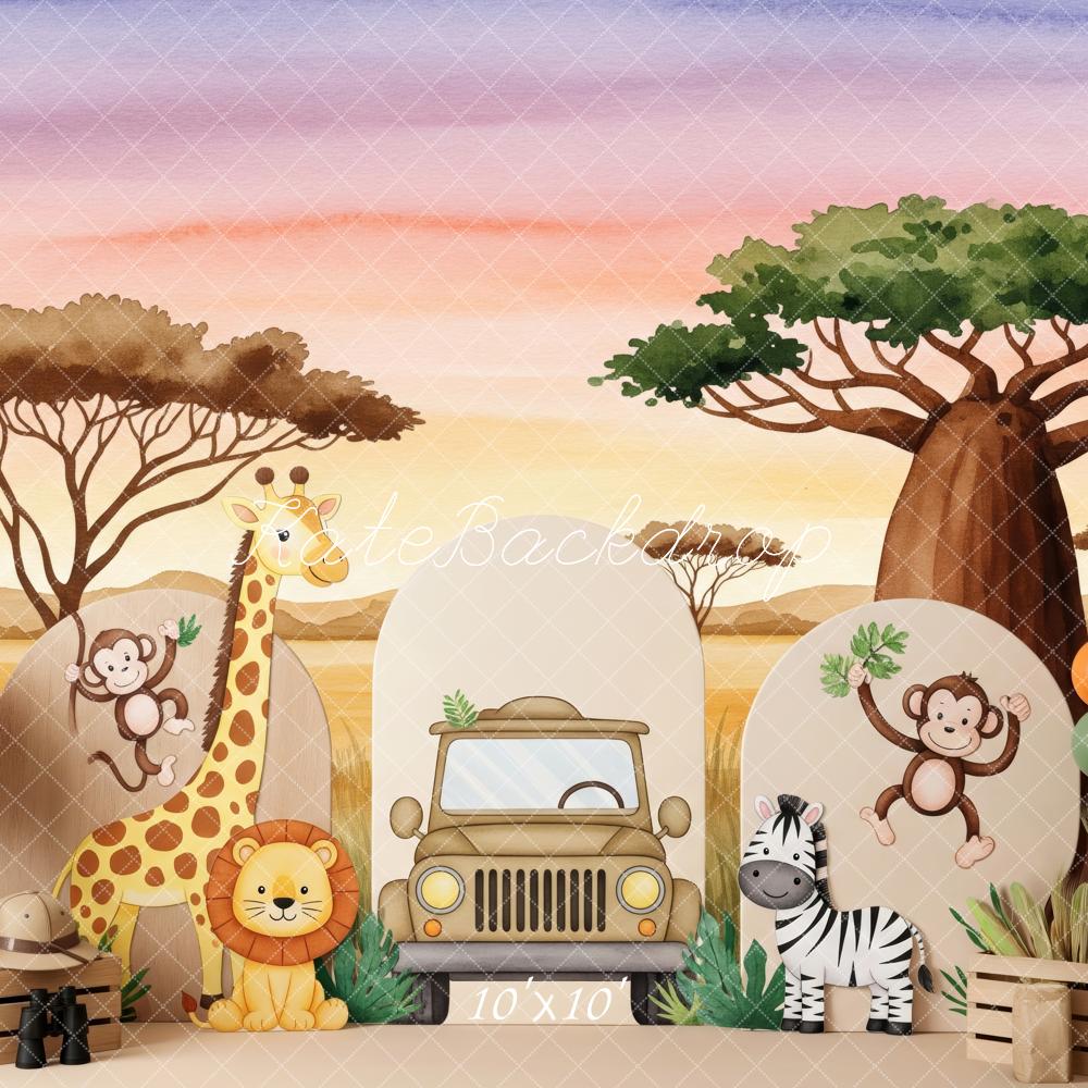 Kate Safari Animaux Arbres Ballons Toile de fond conçue par Patty Roberts - Kate Backdrop FR