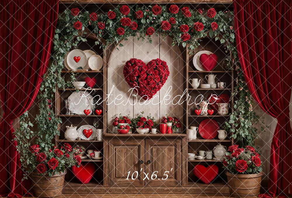 Kate Saint Valentin Coeur Roses Vaisselle Toile de fond en Laine conçue par Emetselch