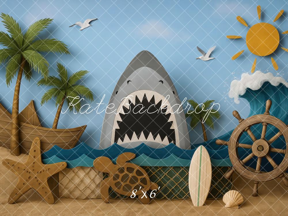 Kate Océan Requin Palmiers Vague Toile de fond conçue par Mini MakeBelieve - Kate Backdrop FR