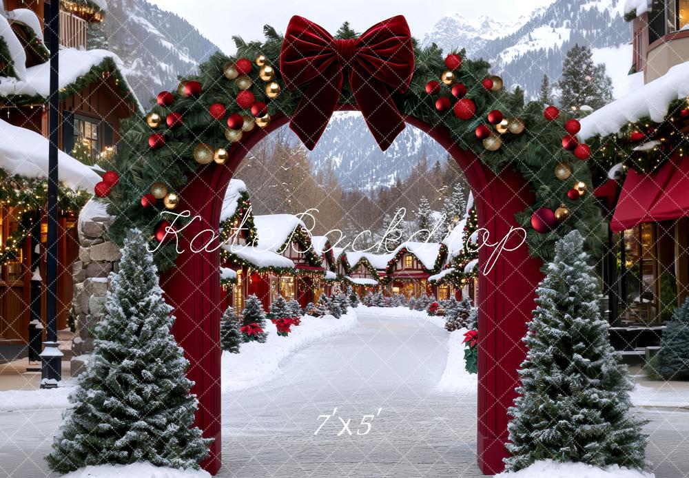 Kate Noël Village Arc Sapins Neige Toile de fond conçue par Mini MakeBelieve - Kate Backdrop FR