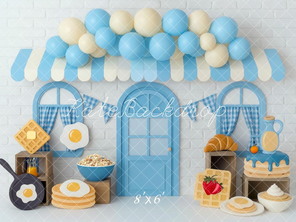 Kate Anniversaire Petit Déjeuner Ballons Bleu Toile de fond conçue par Mini MakeBelieve - Kate Backdrop FR