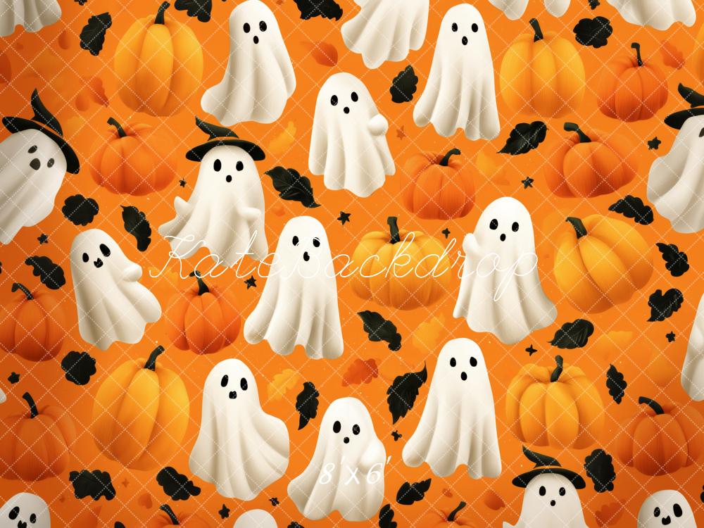 Kate Halloween Fantômes Citrouilles Feuilles Noires Toile de fond conçue par Patty Roberts - Kate Backdrop FR