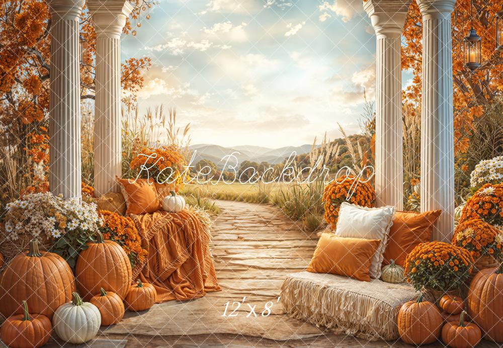 Kate Automne Citrouilles Fleurs Chemin Toile de fond en Laine conçue par Emetselch