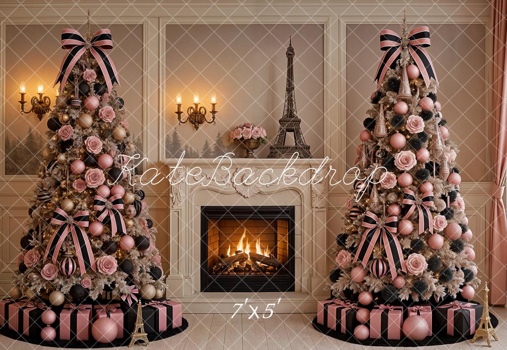 Kate Noël Arbres Roses Tour Eiffel Toile de fond conçue par Ashley Paul - Kate Backdrop FR