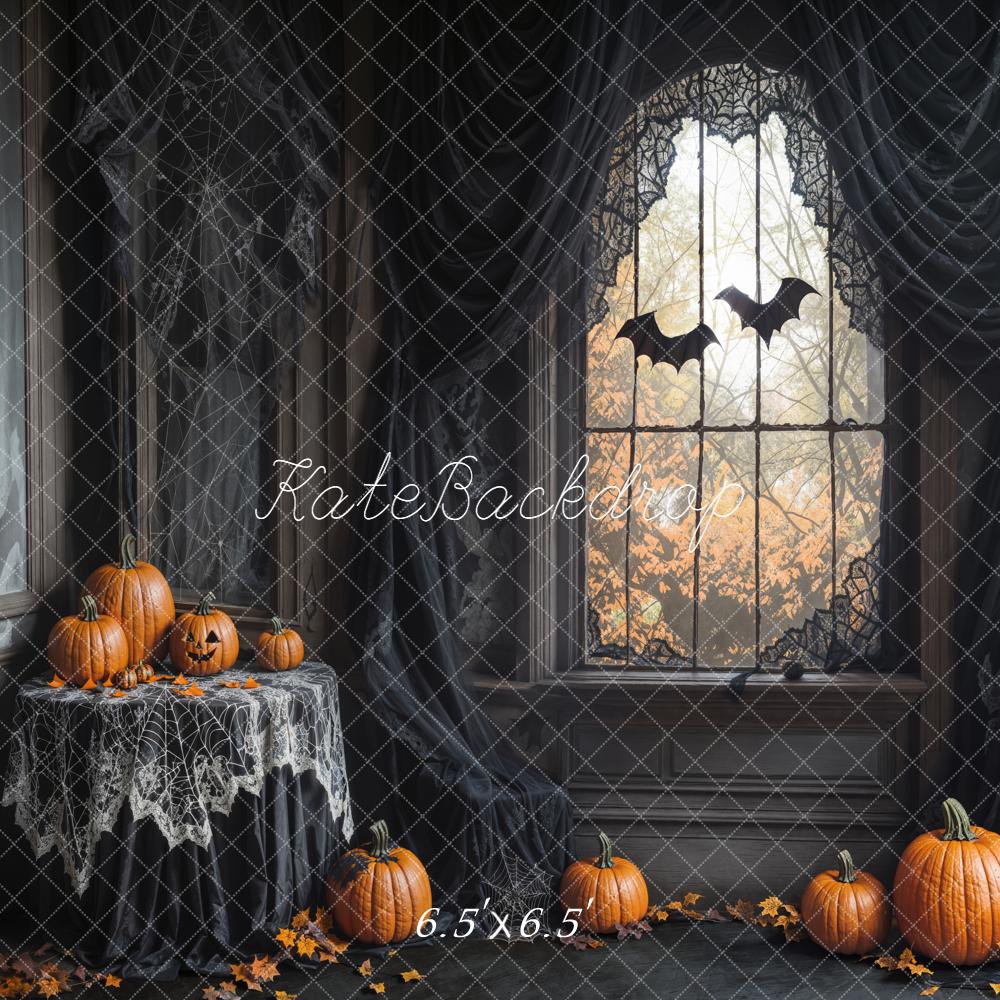 Kate Halloween Citrouilles Fenêtre Noir Toile de fond conçue par Emetselch - Kate Backdrop FR