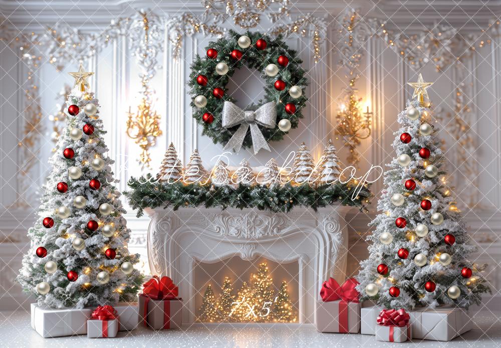 Kate Noël Sapins Cheminée Couronne Cadeaux Toile de fond conçue par Mini MakeBelieve - Kate Backdrop FR