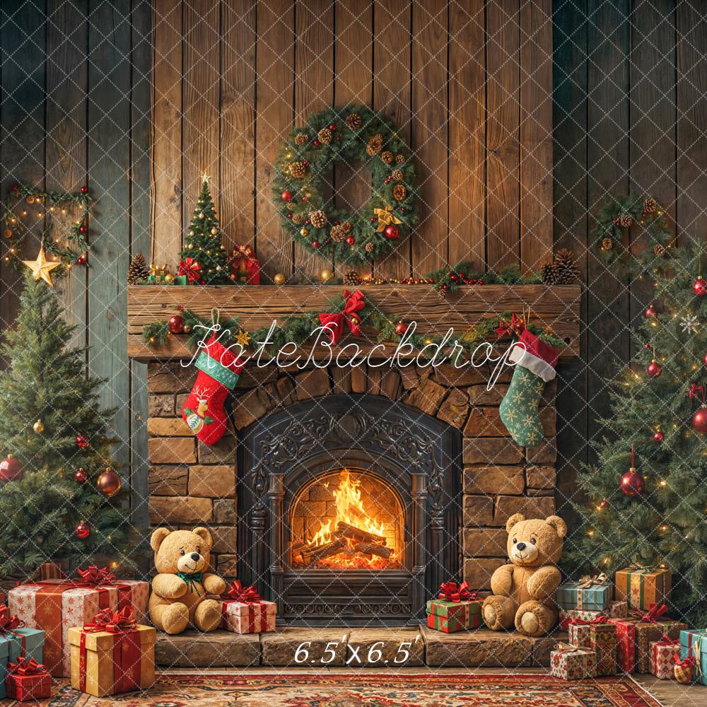 Kate Noël Cheminée Sapins Ours Cadeaux Toile de fond conçue par Emetselch