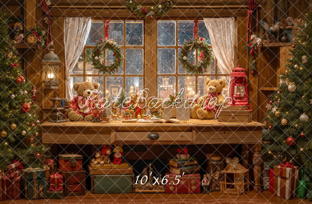Kate Noël Fenêtre Ours Sapin Cadeaux Toile de fond conçue par Emetselch - Kate Backdrop FR