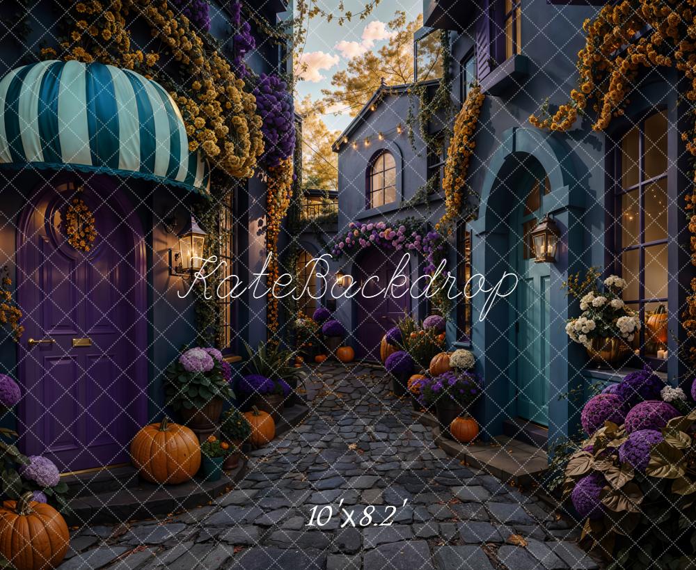 Kate Halloween Rue Citrouilles Fleurs Toile de fond conçue par Emetselch - Kate Backdrop FR
