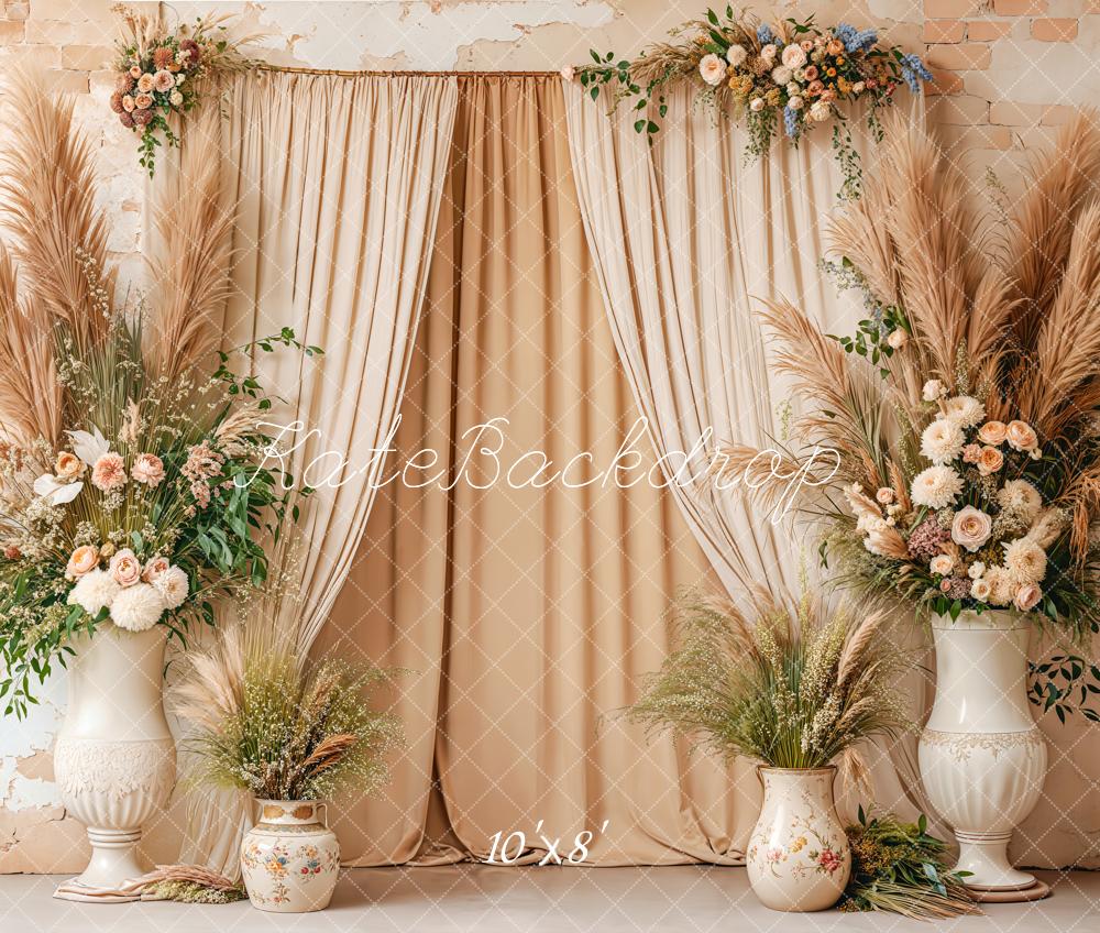 Kate Bohème Beige Fleurs Rideaux Toile de fond en Laine conçue par Emetselch