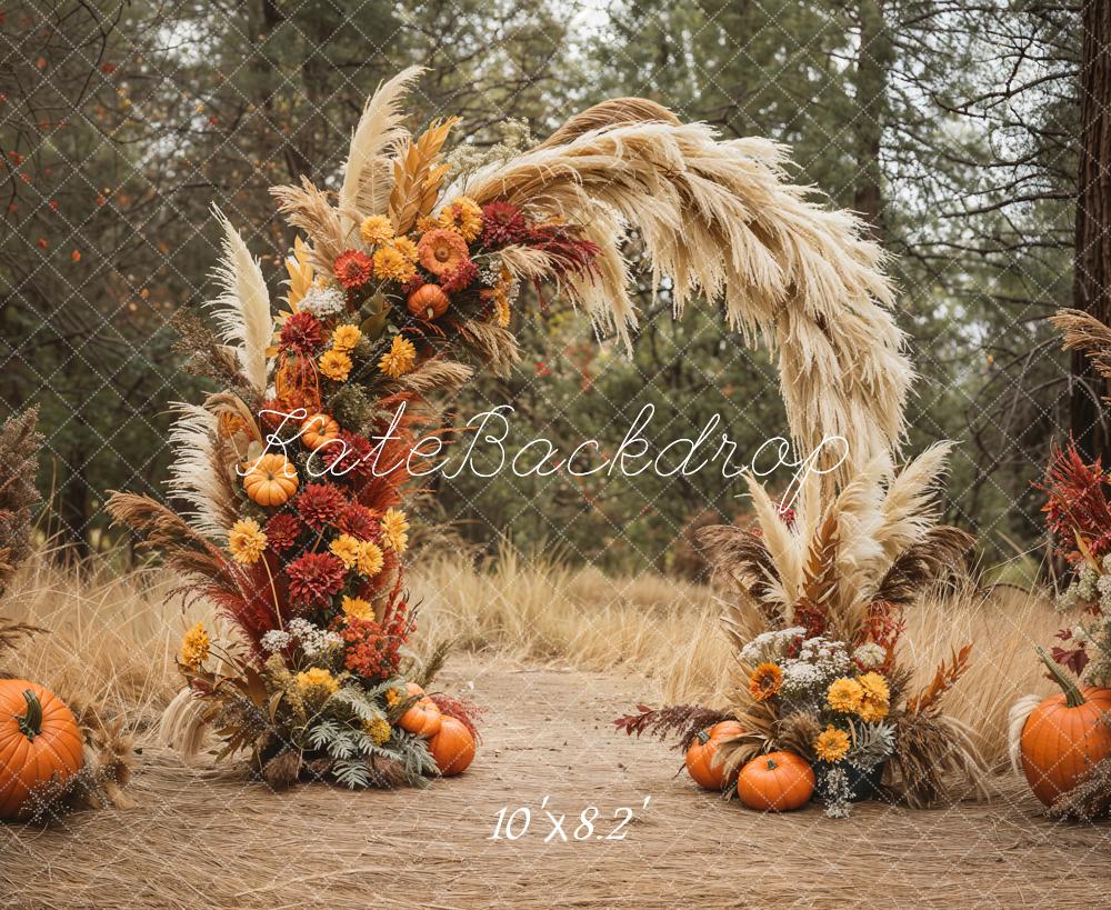 Kate Automne Arc Fleurs Herbe Citrouilles Toile de fond conçue par Emetselch