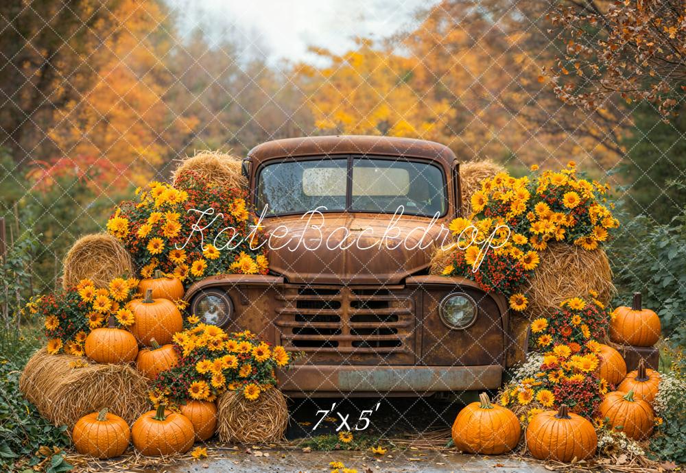 Kate Automne Camion Foin Citrouilles Fleurs Toile de fond conçue par Emetselch - Kate Backdrop FR