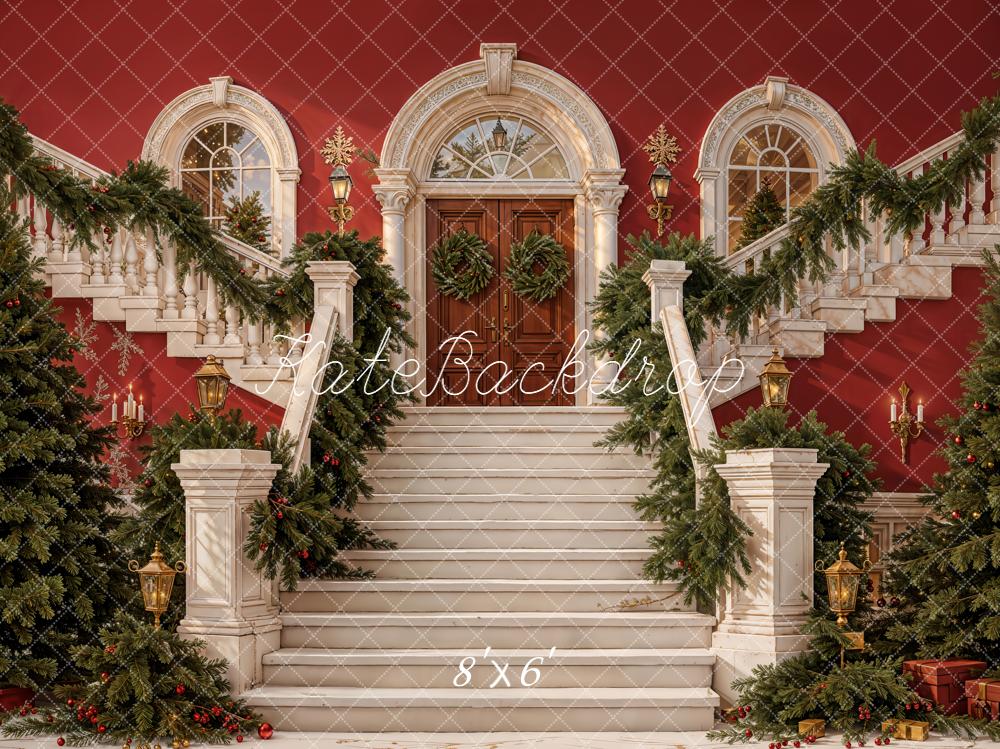 Kate Noël Escalier Porte Sapins Toile de fond conçue par Emetselch - Kate Backdrop FR