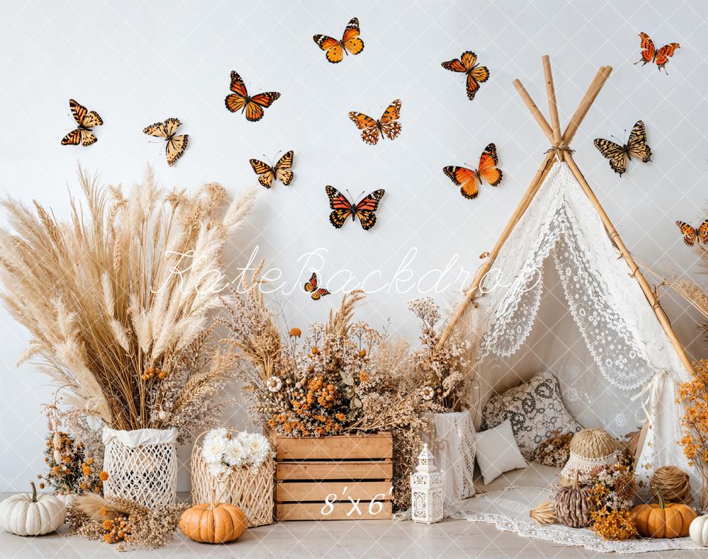 Kate Automne Papillons Citrouilles Tipi Toile de fond en Laine conçue par Emetselch - Kate Backdrop FR
