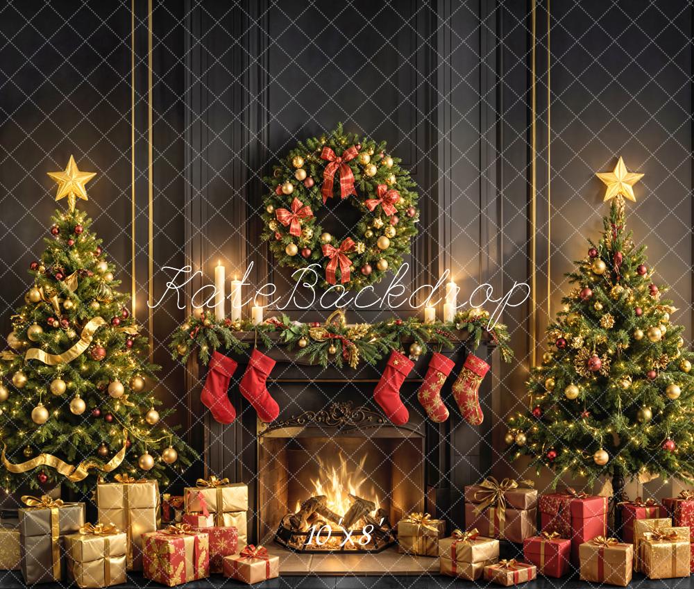 Kate Noël Cheminée Sapins Cadeaux Toile de fond en Laine conçue par Emetselch - Kate Backdrop FR