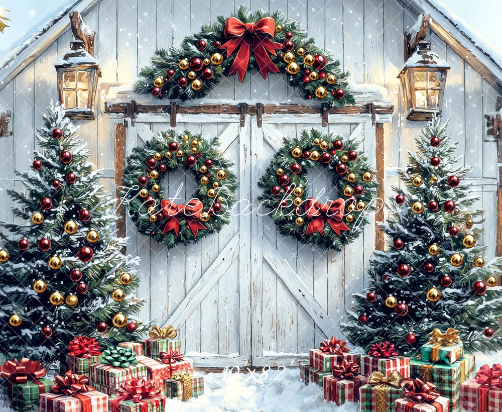 Kate Noël Sapins Couronnes Cadeaux Neige Toile de fond conçue par Mini MakeBelieve - Kate Backdrop FR