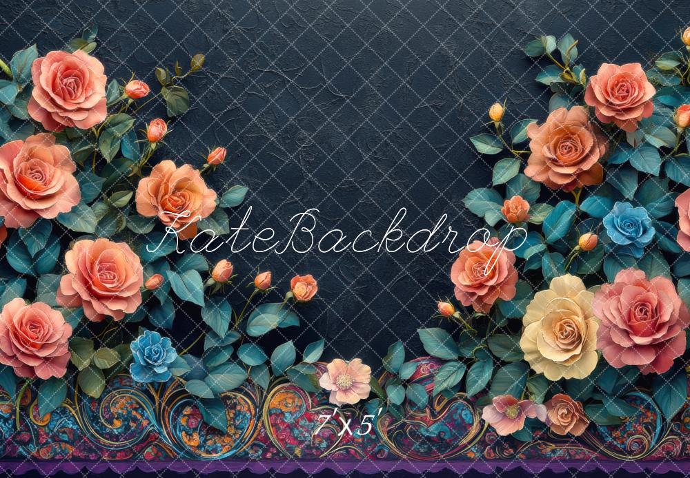 Kate Floral Roses Bleu Portrait Toile de fond conçue par Mini MakeBelieve