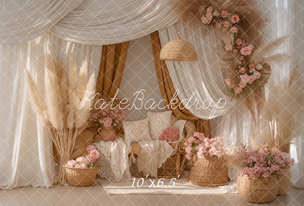 Kate Bohème Fleurs Rideaux Beige Toile de fond en Polar conçue par Emetselch