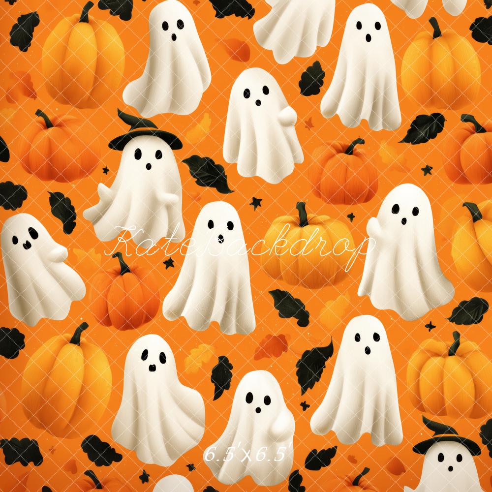 Kate Halloween Fantômes Citrouilles Feuilles Noires Toile de fond conçue par Patty Roberts - Kate Backdrop FR