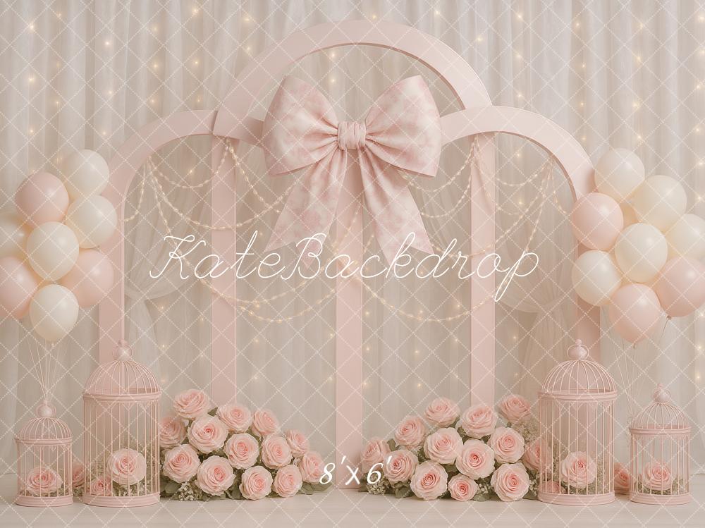 Kate Anniversaire Fleurs Nœud Ballons Rose Toile de fond conçue par Ashley Paul - Kate Backdrop FR