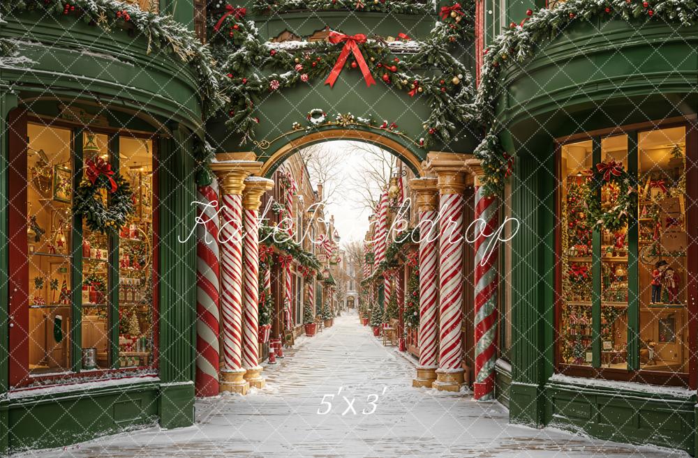 Kate Noël Rue Colonnes Bonbons Neige Toile de fond conçue par Emetselch - Kate Backdrop FR