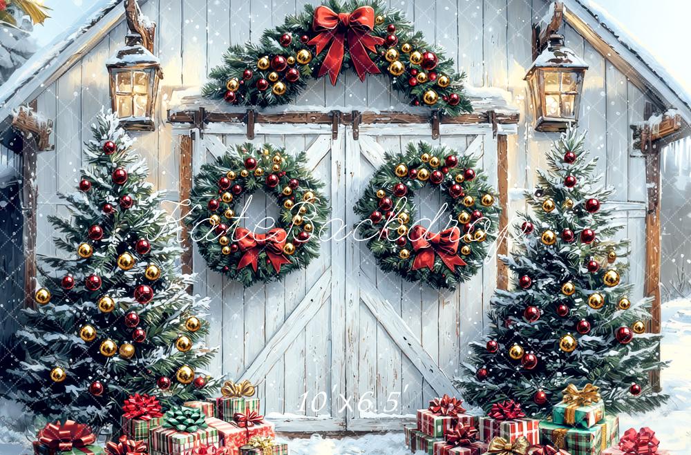 Kate Noël Sapins Couronnes Cadeaux Neige Toile de fond conçue par Mini MakeBelieve - Kate Backdrop FR