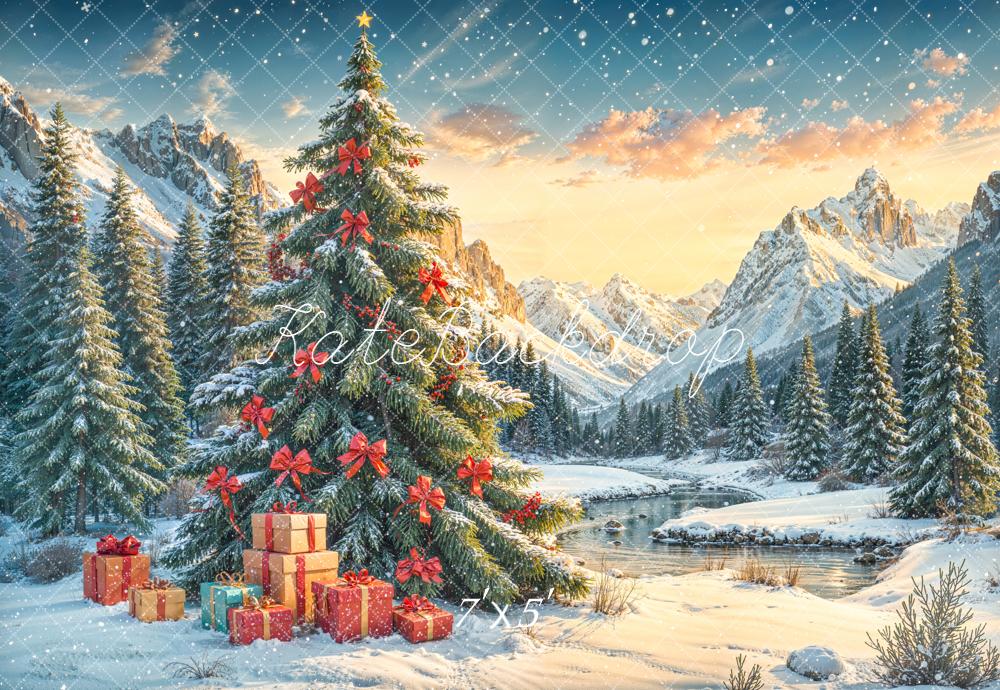 Kate Noël Sapin Cadeaux Neige Montagne Toile de fond conçue par Emetselch - Kate Backdrop FR