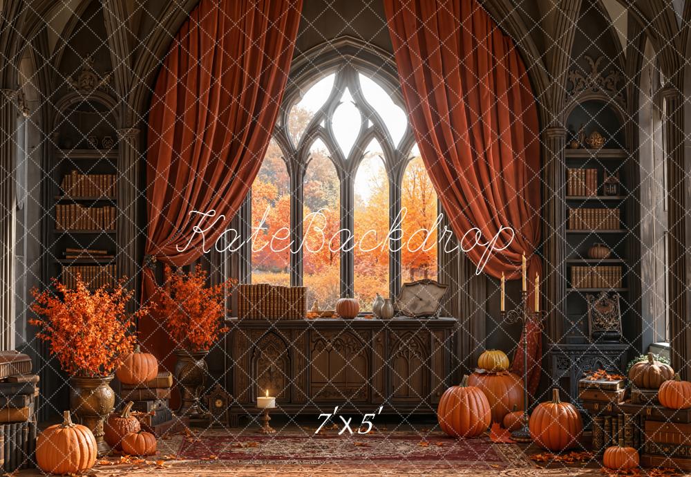 Kate Automne Bibliothèque Citrouilles Gothique Toile de fond conçue par Emetselch - Kate Backdrop FR