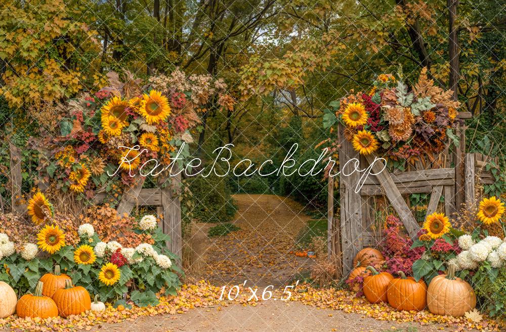 Kate Automne Tournesols Citrouilles Bois Toile de fond en Laine conçue par Emetselch - Kate Backdrop FR