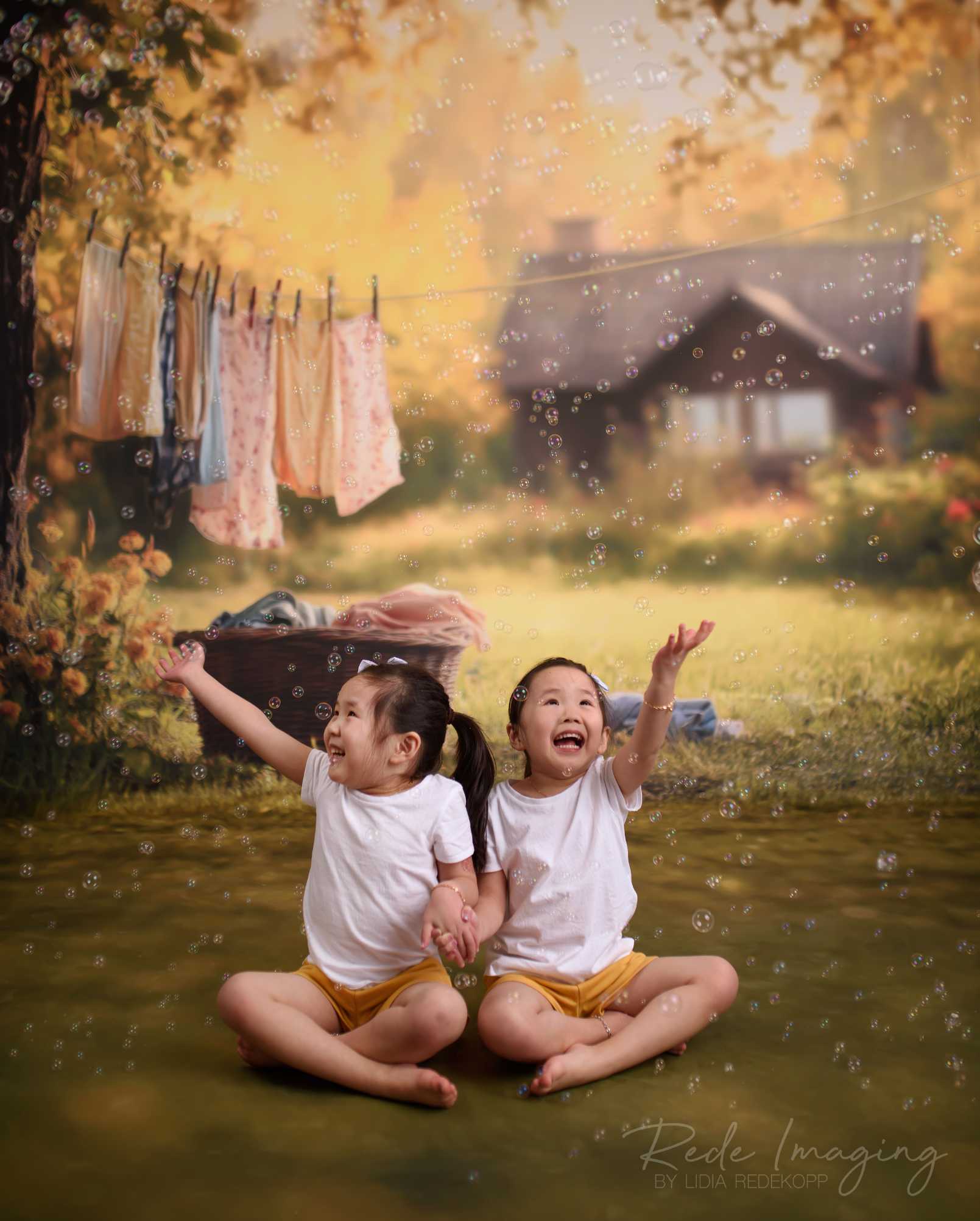Fond de studio Kate Sweep Mur-à-Sol Printemps avec ambiance bucolique et linge suspendu. Idéal pour photos de maternité et enfants.