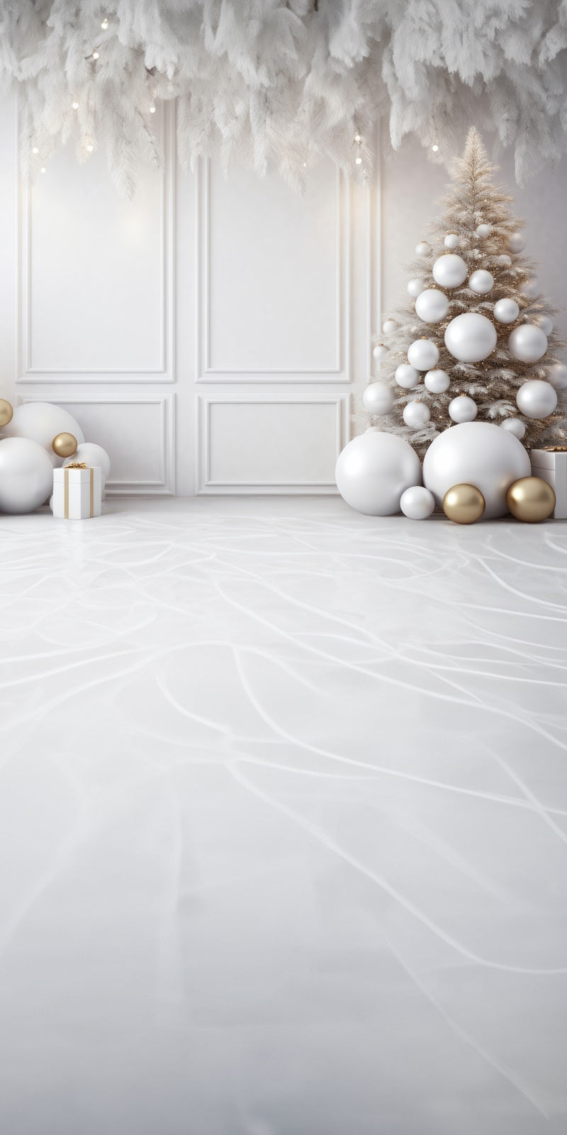 Kate Sweep Mur-à-Sol Noël Plumes Blanc Doré Toile de fond conçue par Lidia Redekopp - Kate Backdrop FR