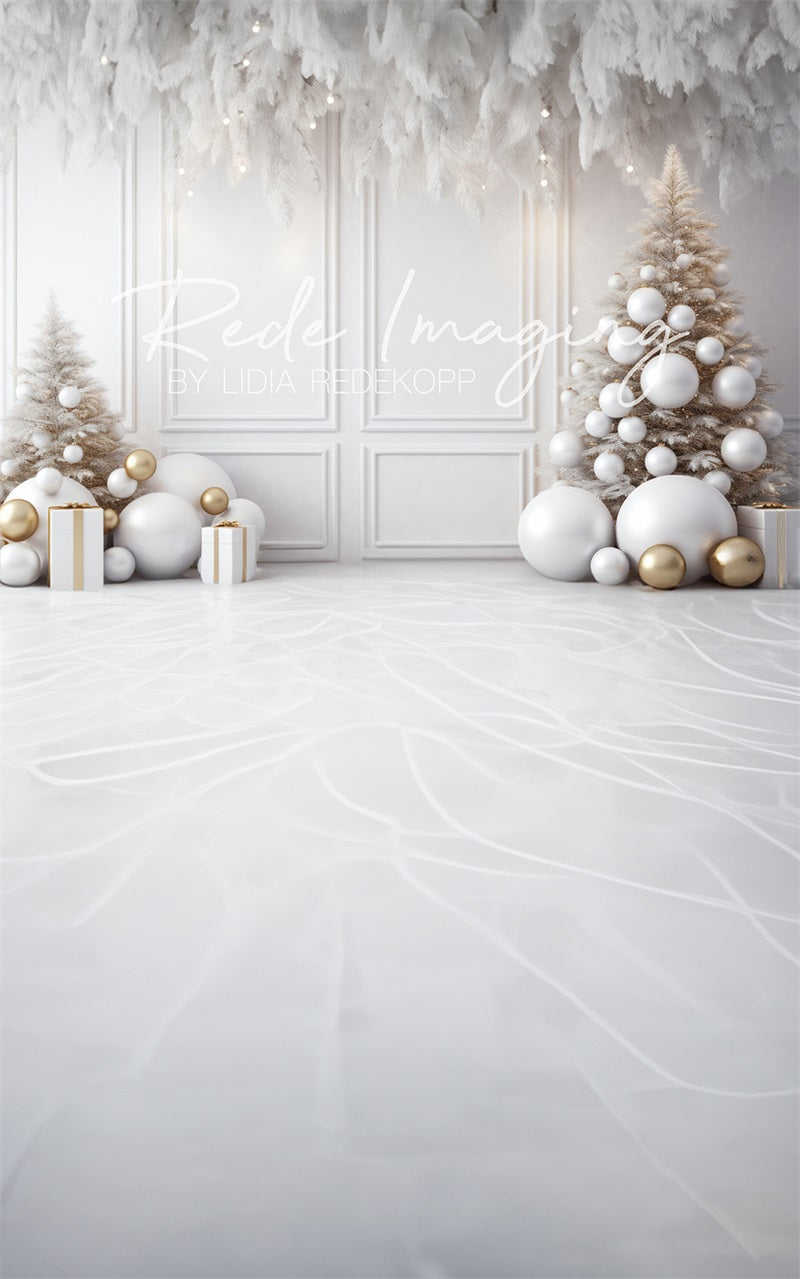 Kate Sweep Mur-à-Sol Noël Plumes Blanc Doré Toile de fond conçue par Lidia Redekopp - Kate Backdrop FR