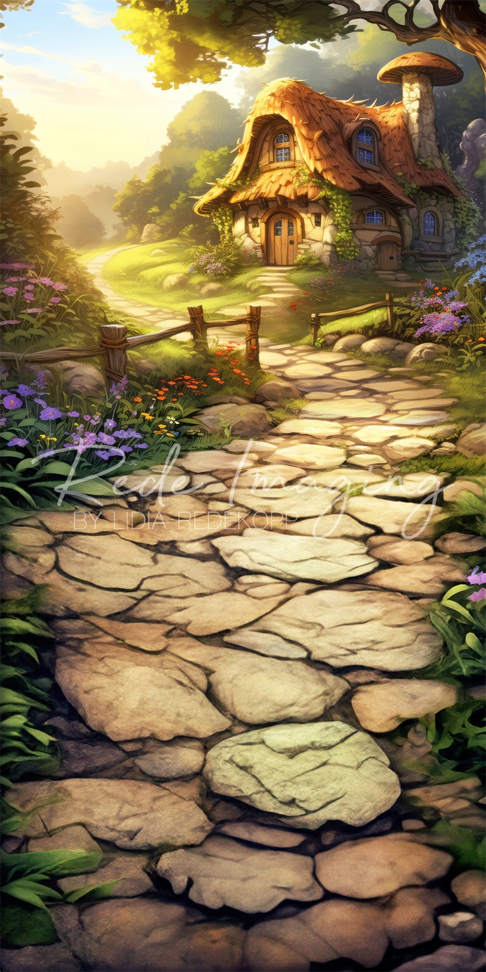 Kate Sweep Mur-à-Sol Fantastique Cottage Chemin Toile de fond conçue par Lidia Redekopp - Kate Backdrop FR