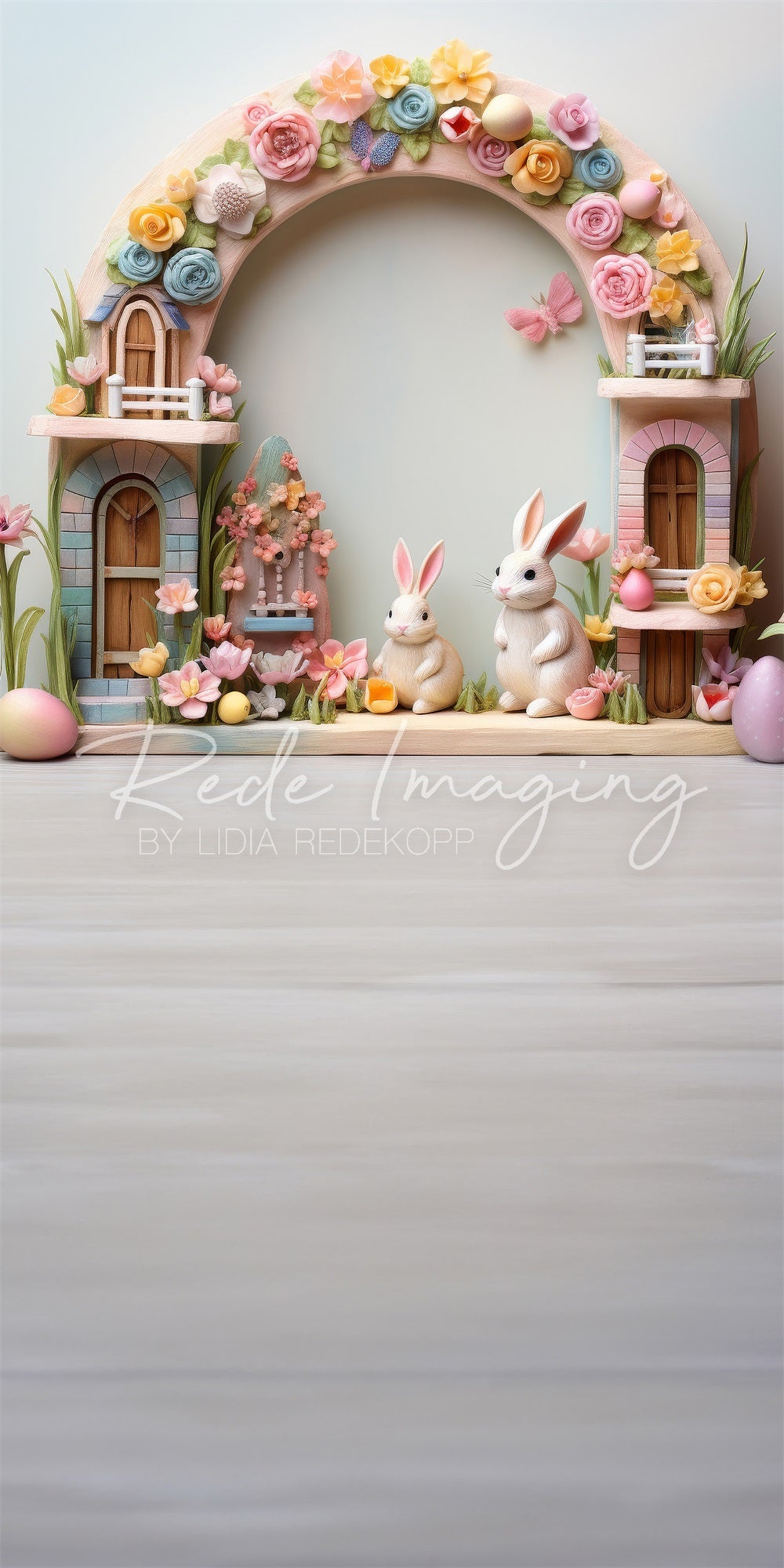 Kate Sweep Mur-à-Sol Fleurs Lapins Arche Enfant Toile de fond conçue par Lidia Redekopp - Kate Backdrop FR