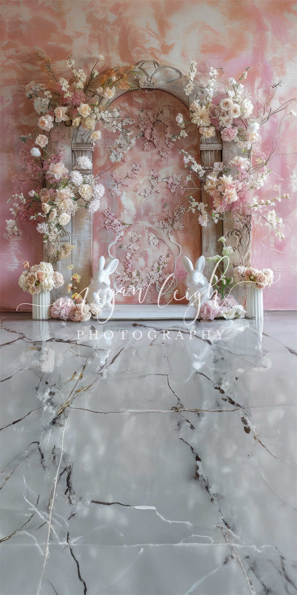 Kate Sweep Mur-à-Sol Marbre Lapin Arche Fleurs Rose Toile de fond conçue par Megan Leigh - Kate Backdrop FR