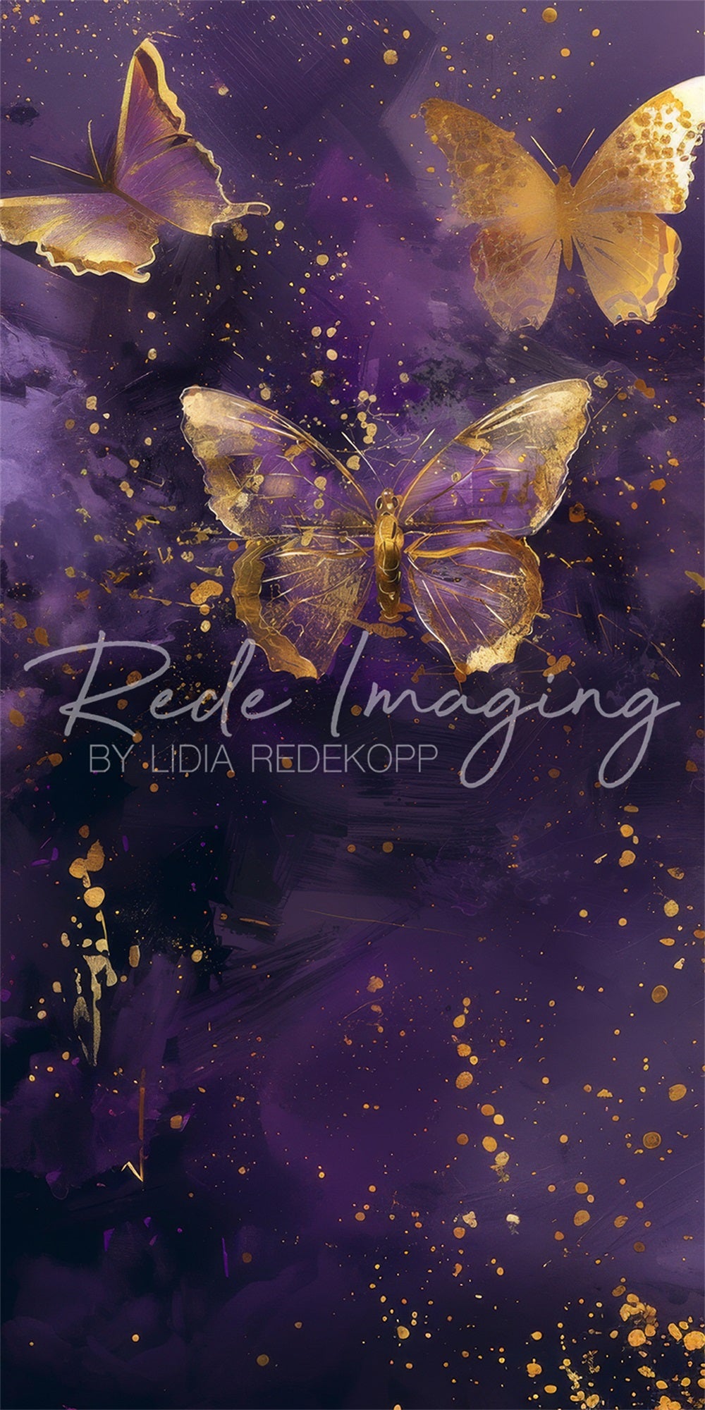 Kate Sweep Mur-à-Sol Violet et Doré Papillons Beaux-Arts Toile de fond conçue par Lidia Redekopp - Kate Backdrop FR
