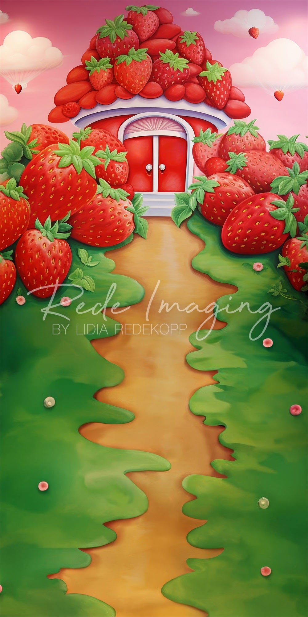 Kate Sweep Mur-à-Sol Maison de fraises Rouge Enfant Toile de fond conçue par Lidia Redekopp - Kate Backdrop FR