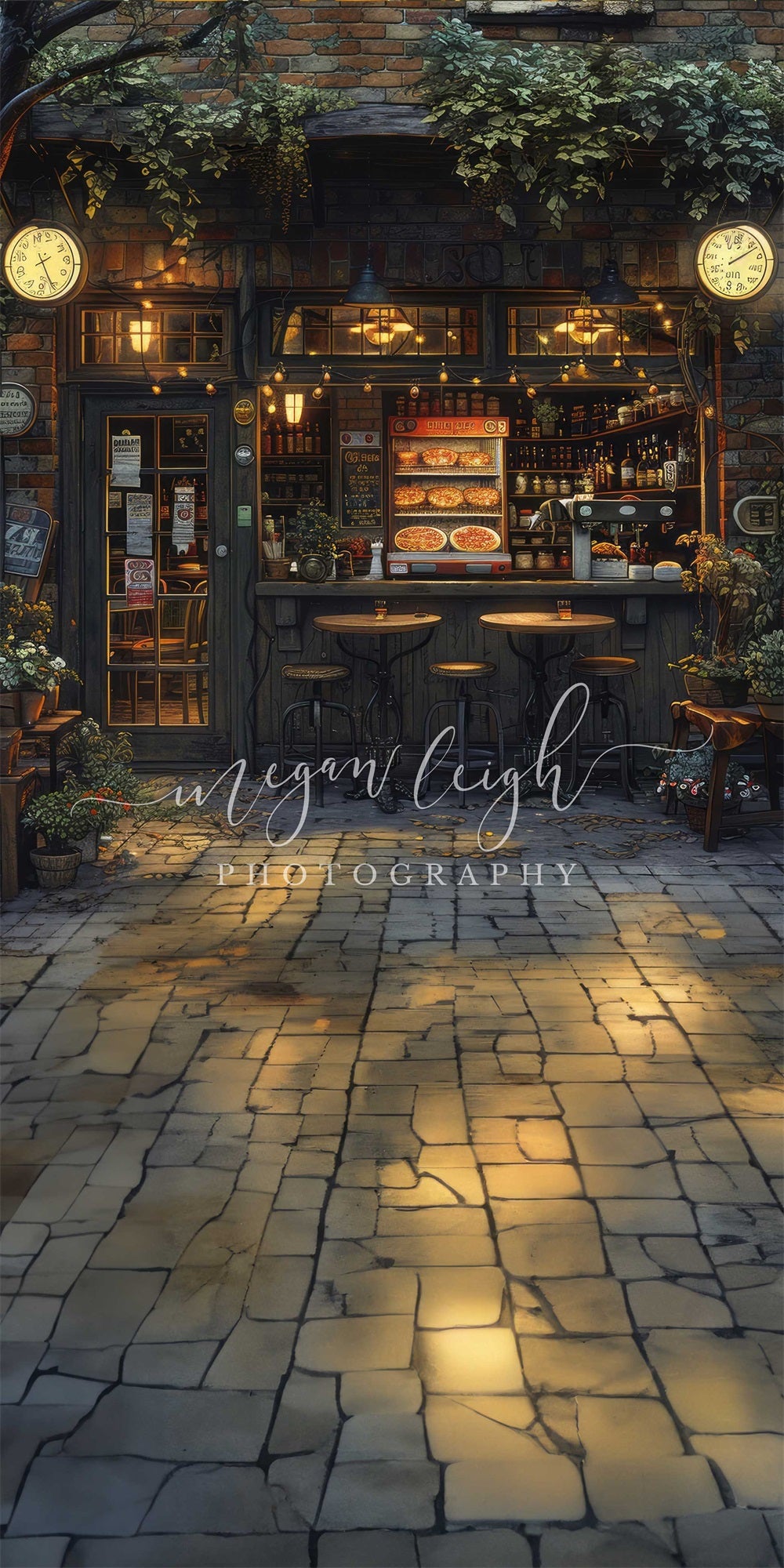 Kate Sweep Mur-à-Sol Pizzeria Italienne Nuit Extérieur Toile de fond conçue par Megan Leigh - Kate Backdrop FR