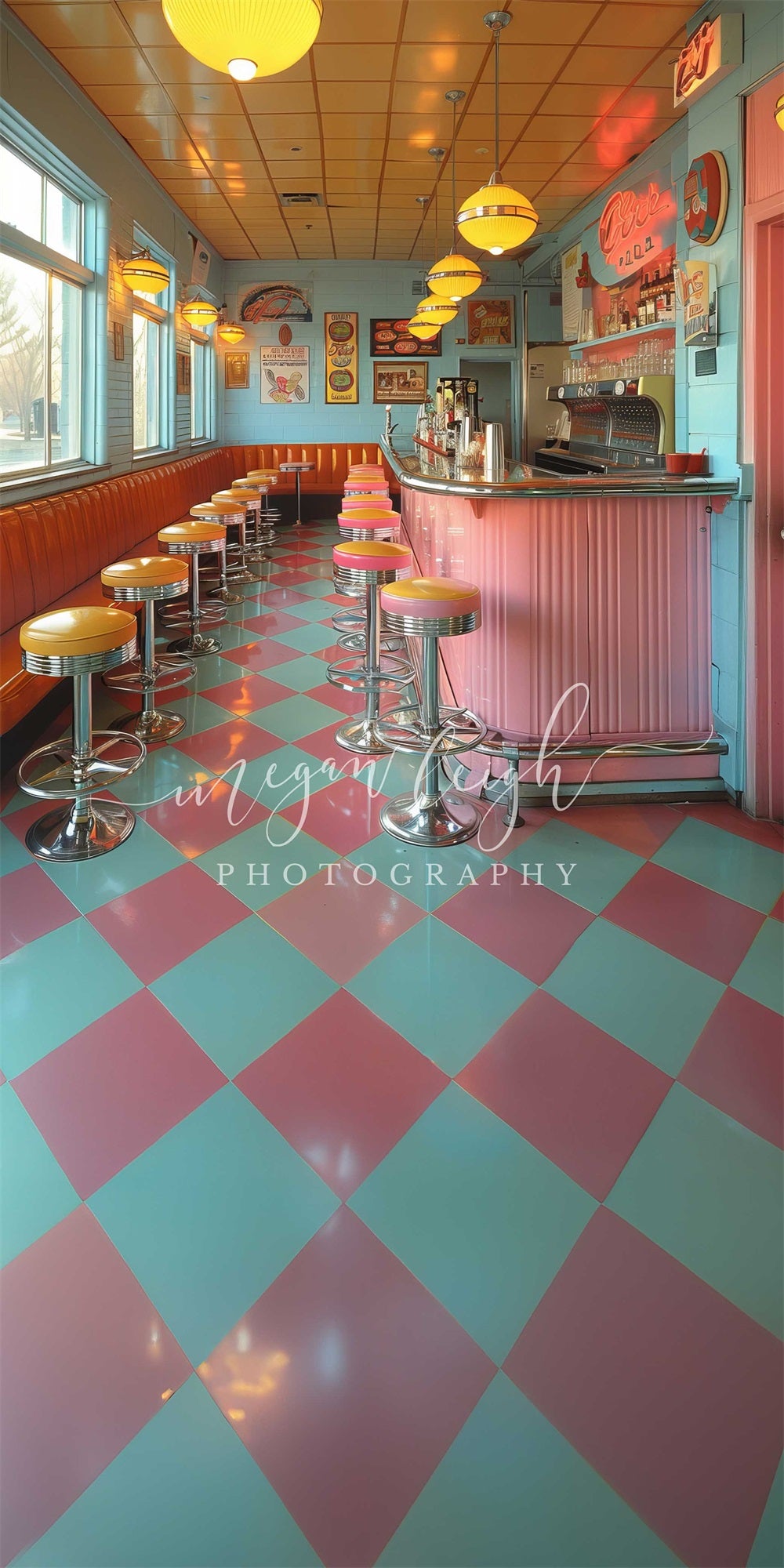 Kate Sweep Mur-à-Sol Rose Dîner Restaurant Rétro Toile de fond conçue par Megan Leigh - Kate Backdrop FR