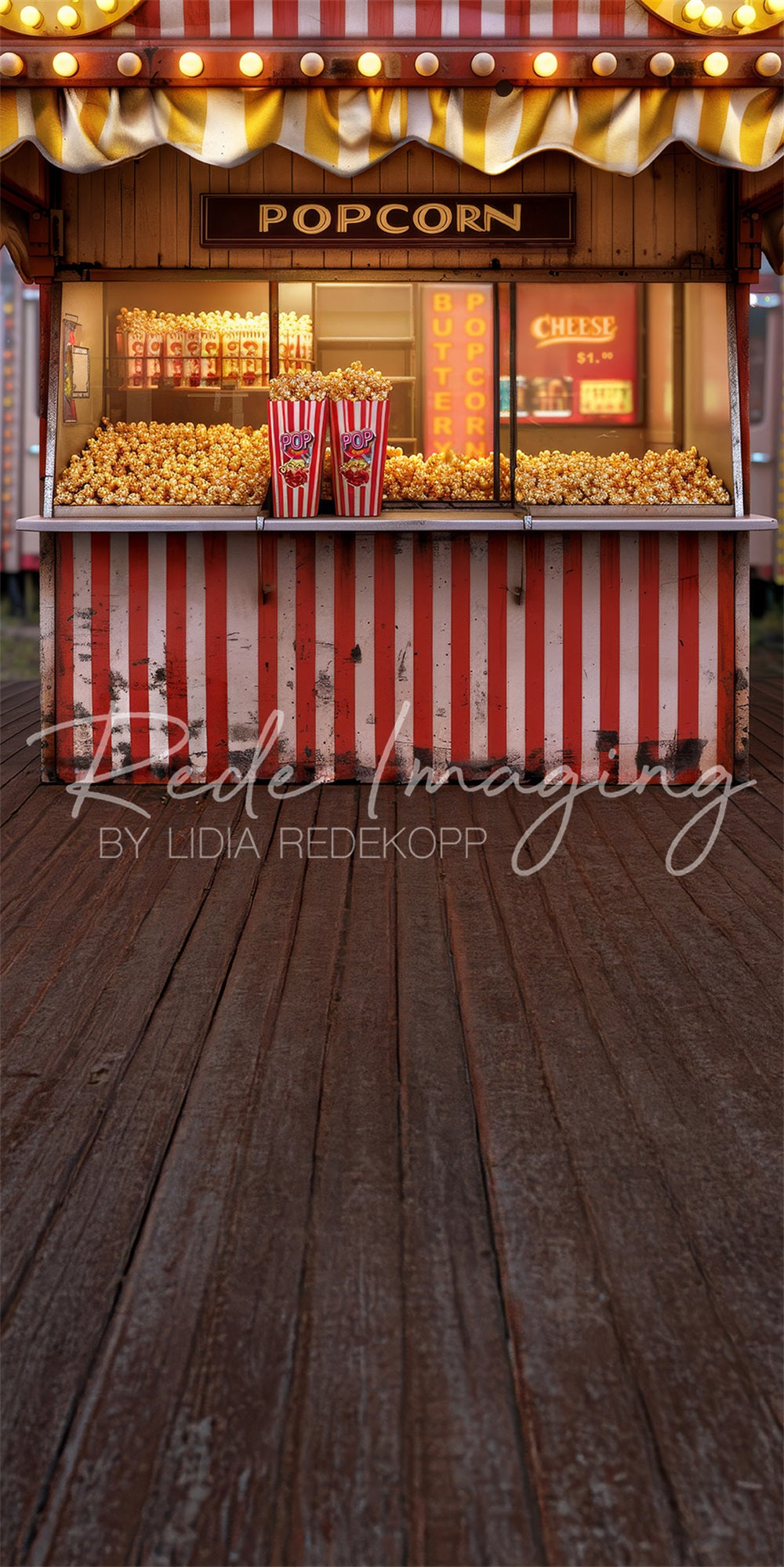 Kate Sweep Mur-à-Sol Parc d'attractions Stand de pop-corn Toile de fond conçue par Lidia Redekopp - Kate Backdrop FR