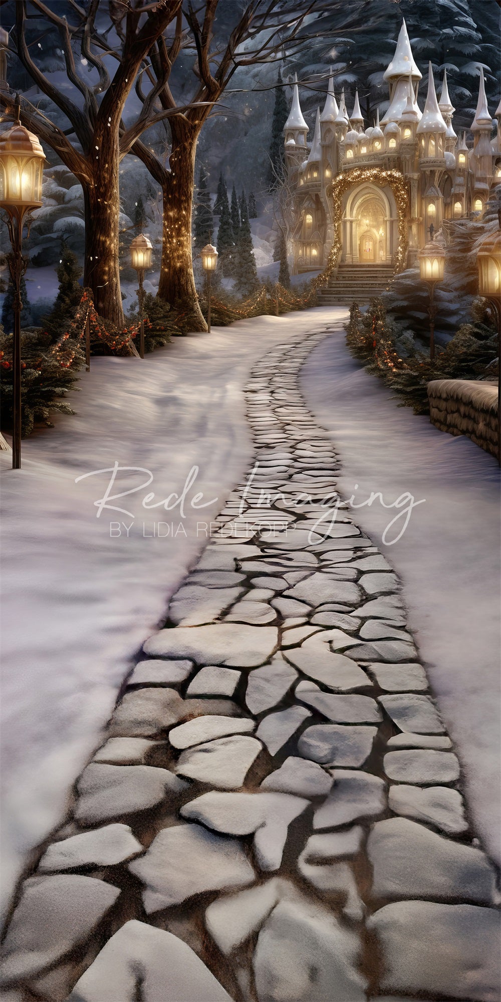 Kate Sweep Mur-à-Sol Hiver Forêt Neige Château Toile de fond conçue par Lidia Redekopp - Kate Backdrop FR